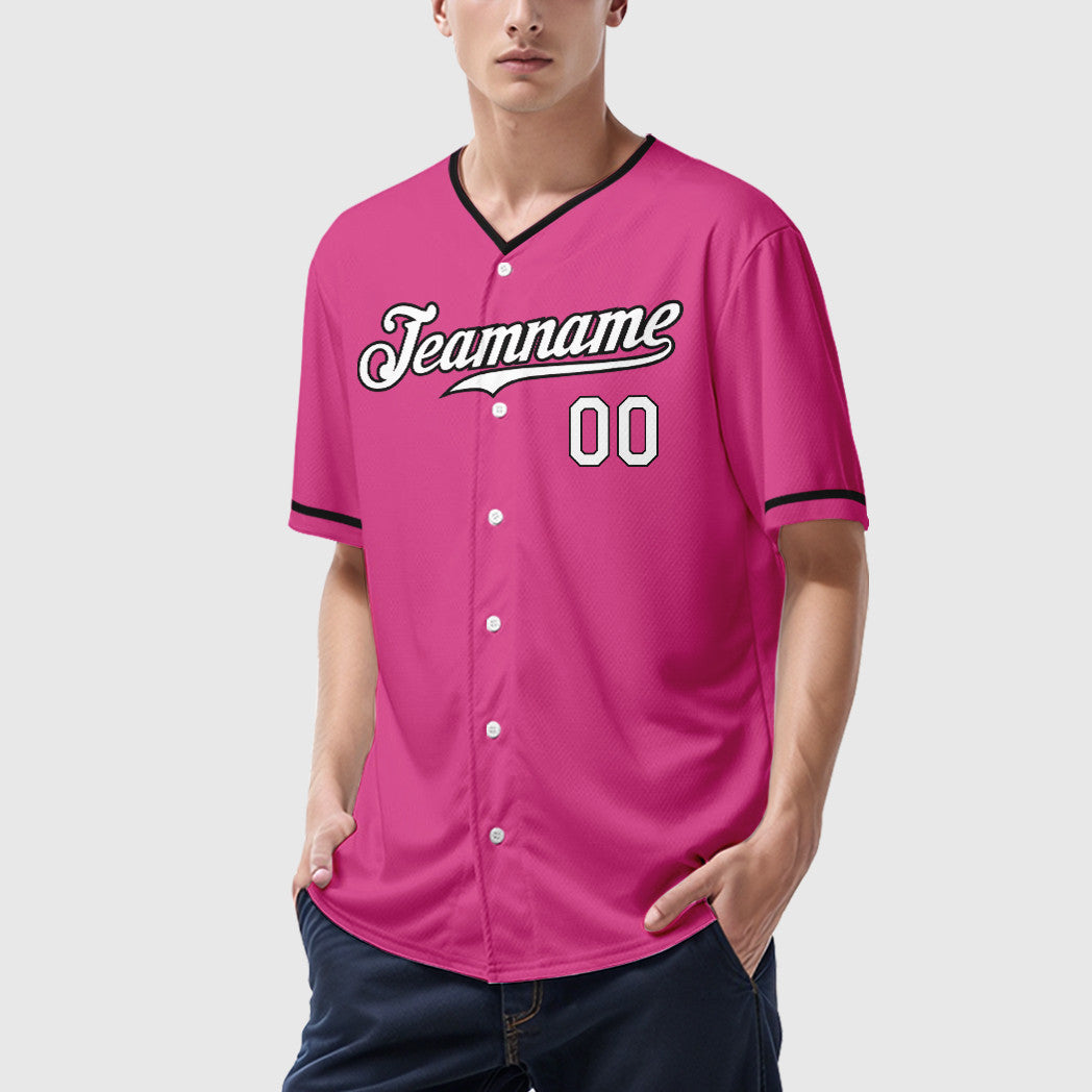 Custom Pink White White-Black Collar Sleeve Baseball Jersey