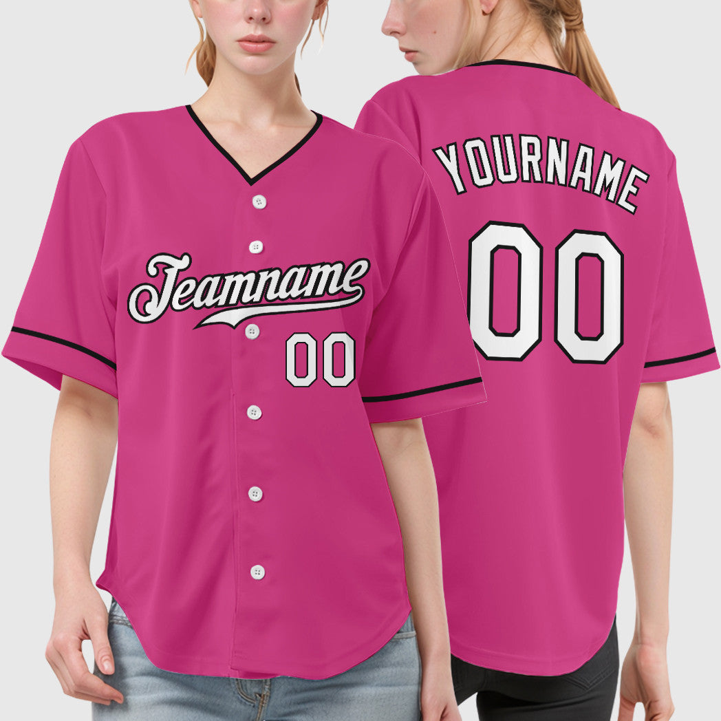 Custom Pink White White-Black Collar Sleeve Baseball Jersey