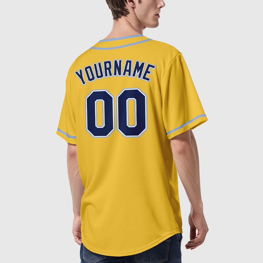 Custom Yellow Navy Navy-Light Blue Piping Baseball Jersey