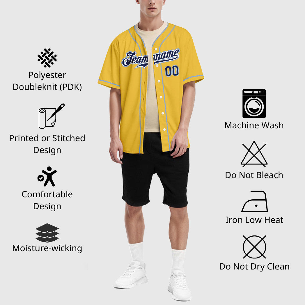 Custom Yellow Navy Navy-Light Blue Piping Baseball Jersey
