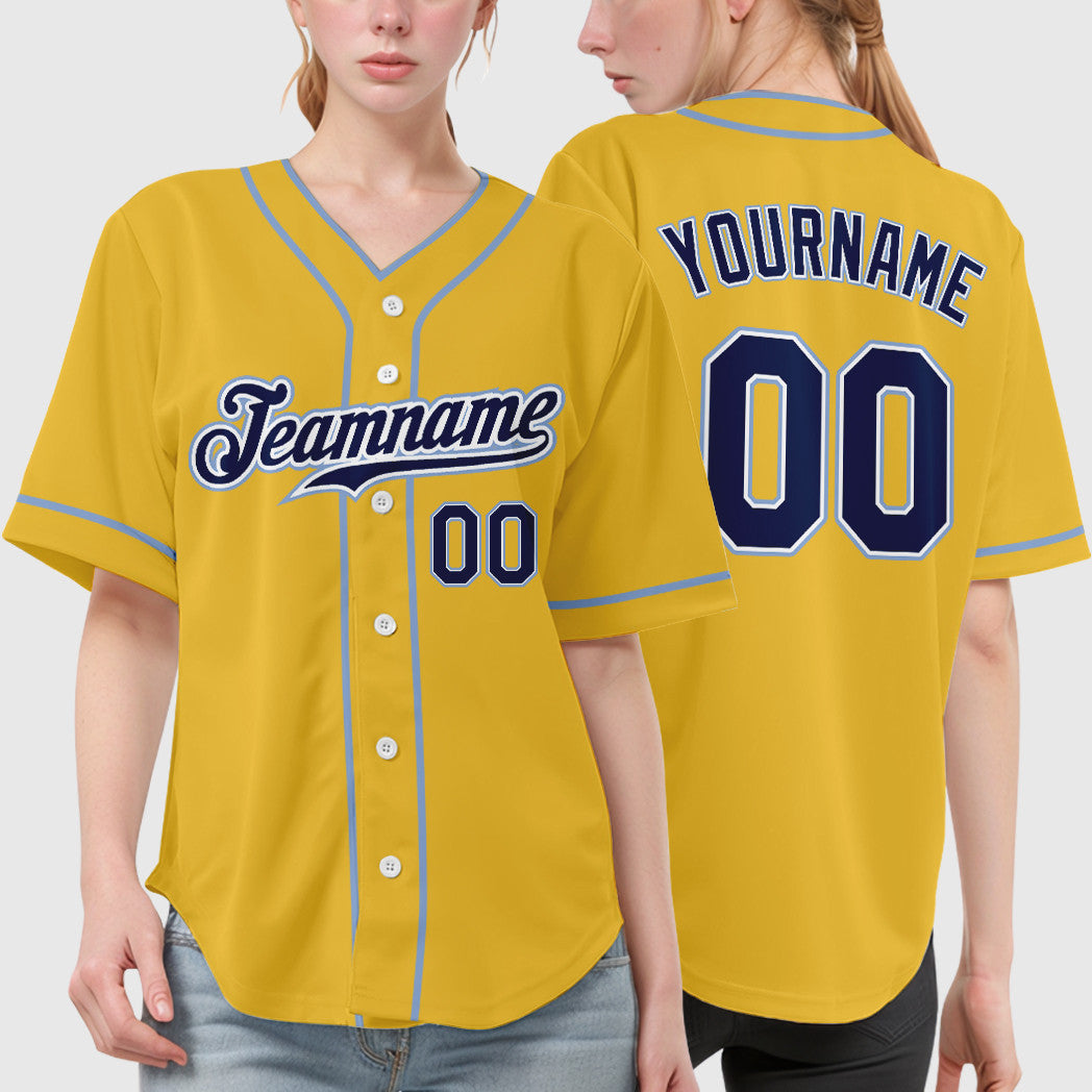 Custom Yellow Navy Navy-Light Blue Piping Baseball Jersey