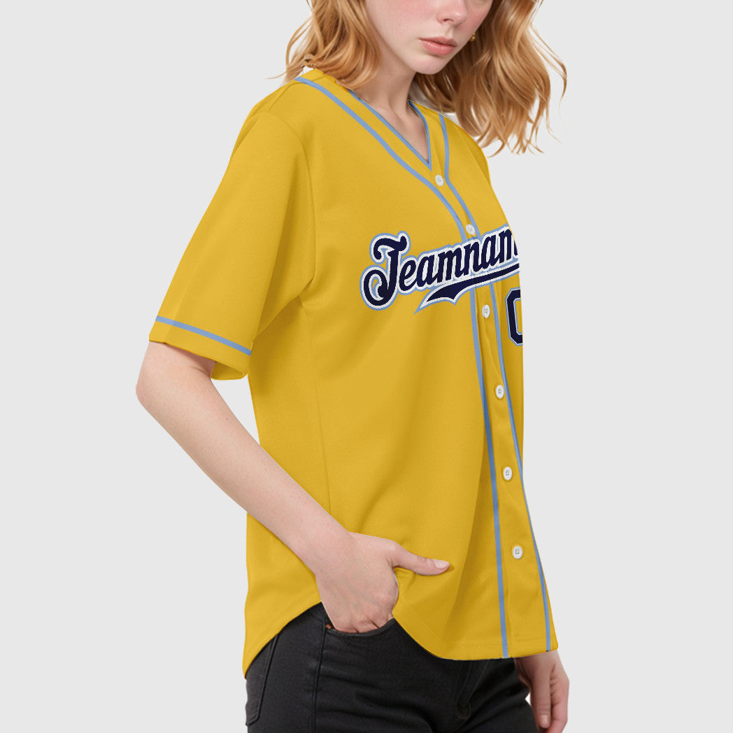 Custom Yellow Navy Navy-Light Blue Piping Baseball Jersey