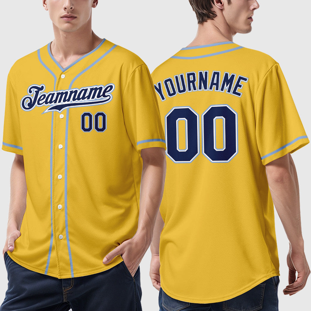 Custom Yellow Navy Navy-Light Blue Piping Baseball Jersey
