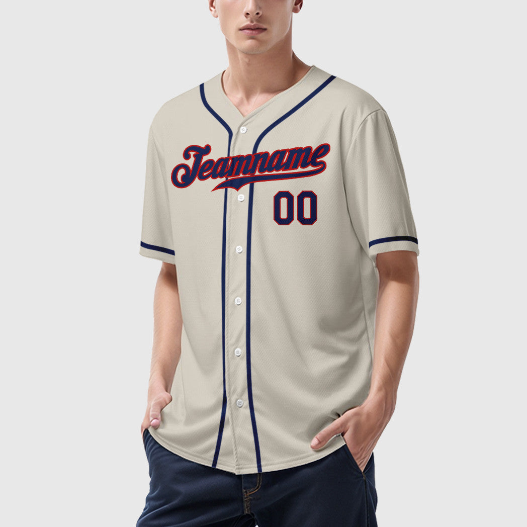 Custom Cream Navy Navy-Red Sleeve Baseball Jersey