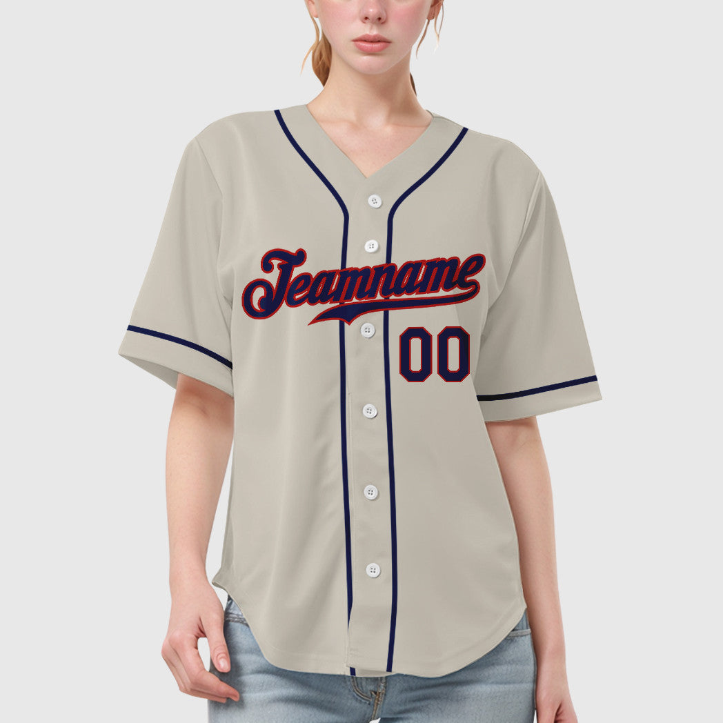 Custom Cream Navy Navy-Red Sleeve Baseball Jersey