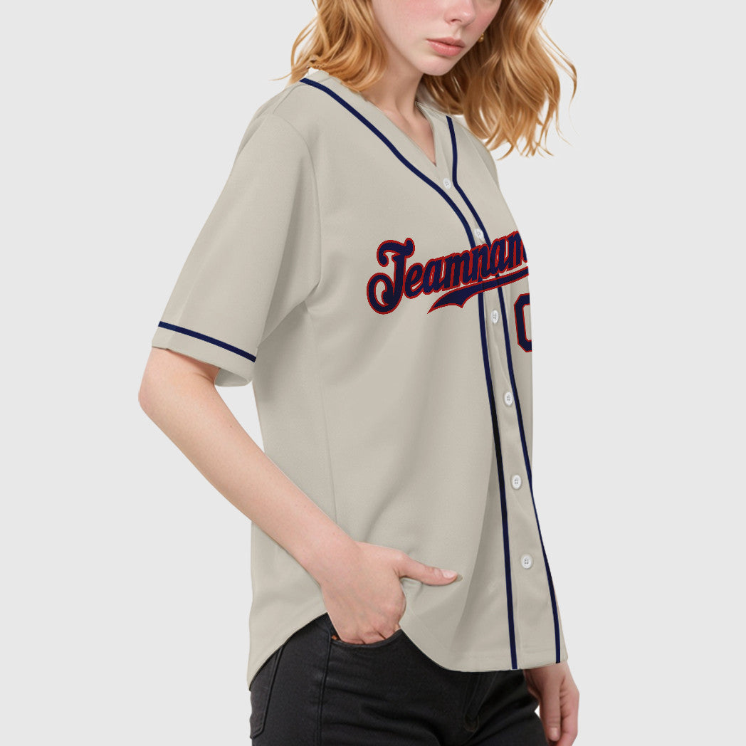 Custom Cream Navy Navy-Red Sleeve Baseball Jersey
