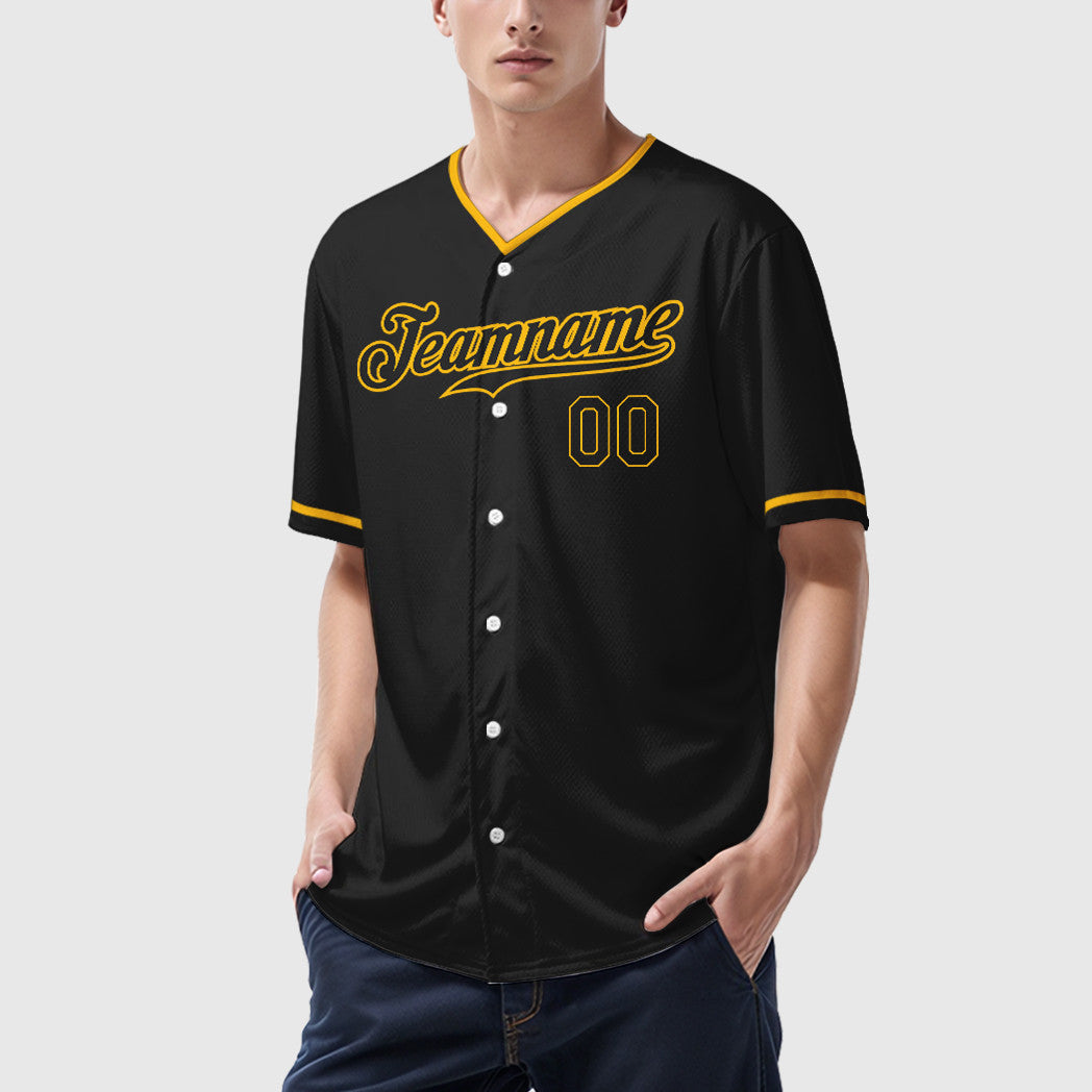 Custom Black Gold Black Collar Sleeve Baseball Jersey