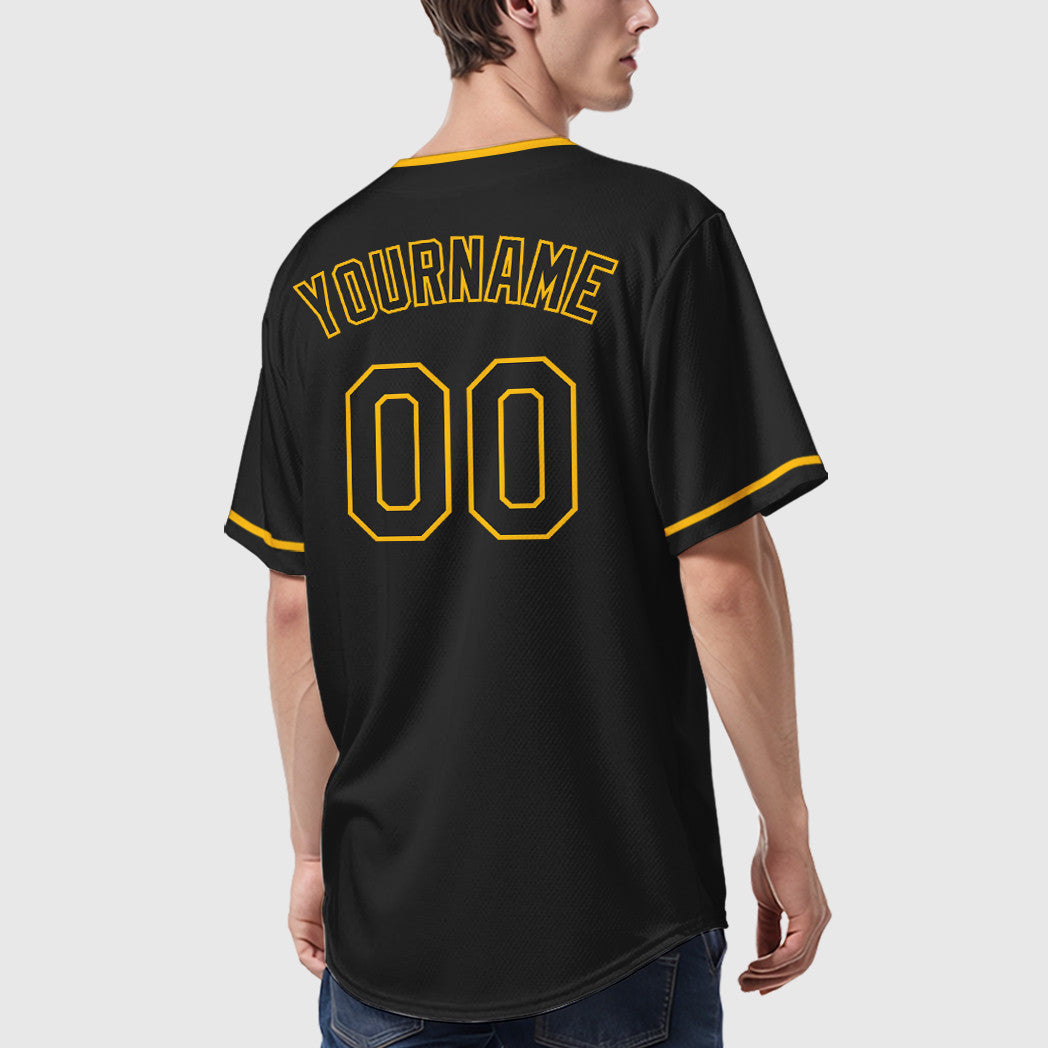Custom Black Gold Black Collar Sleeve Baseball Jersey