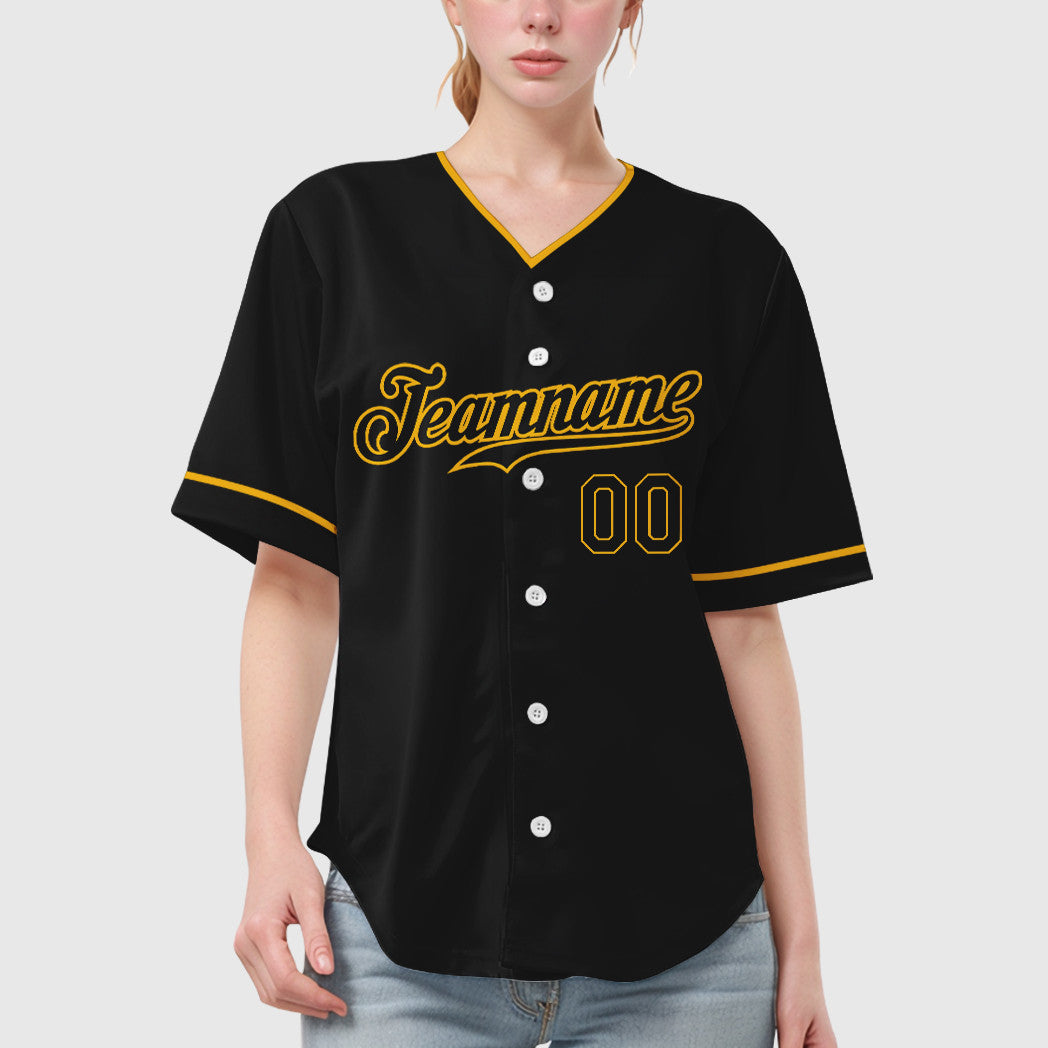 Custom Black Gold Black Collar Sleeve Baseball Jersey