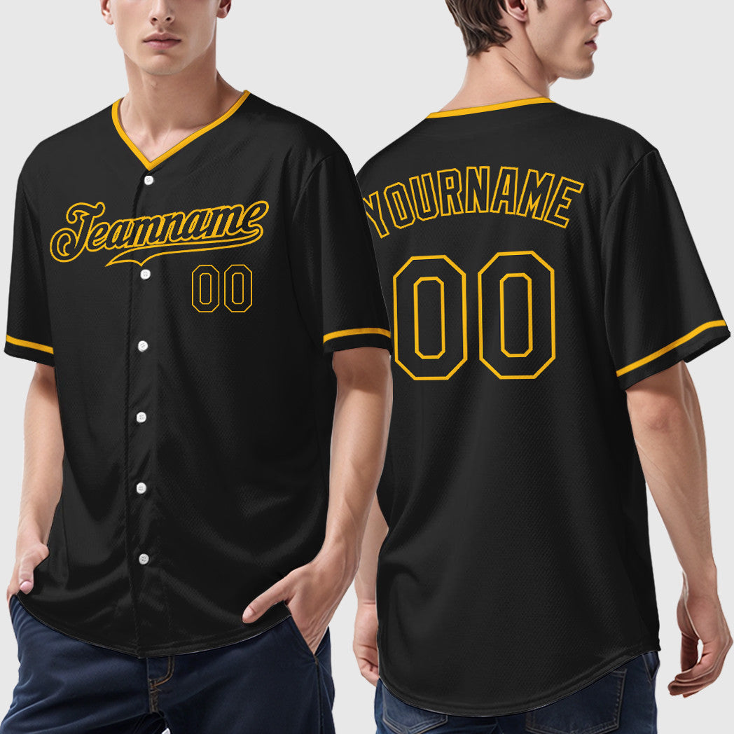 Custom Black Gold Black Collar Sleeve Baseball Jersey