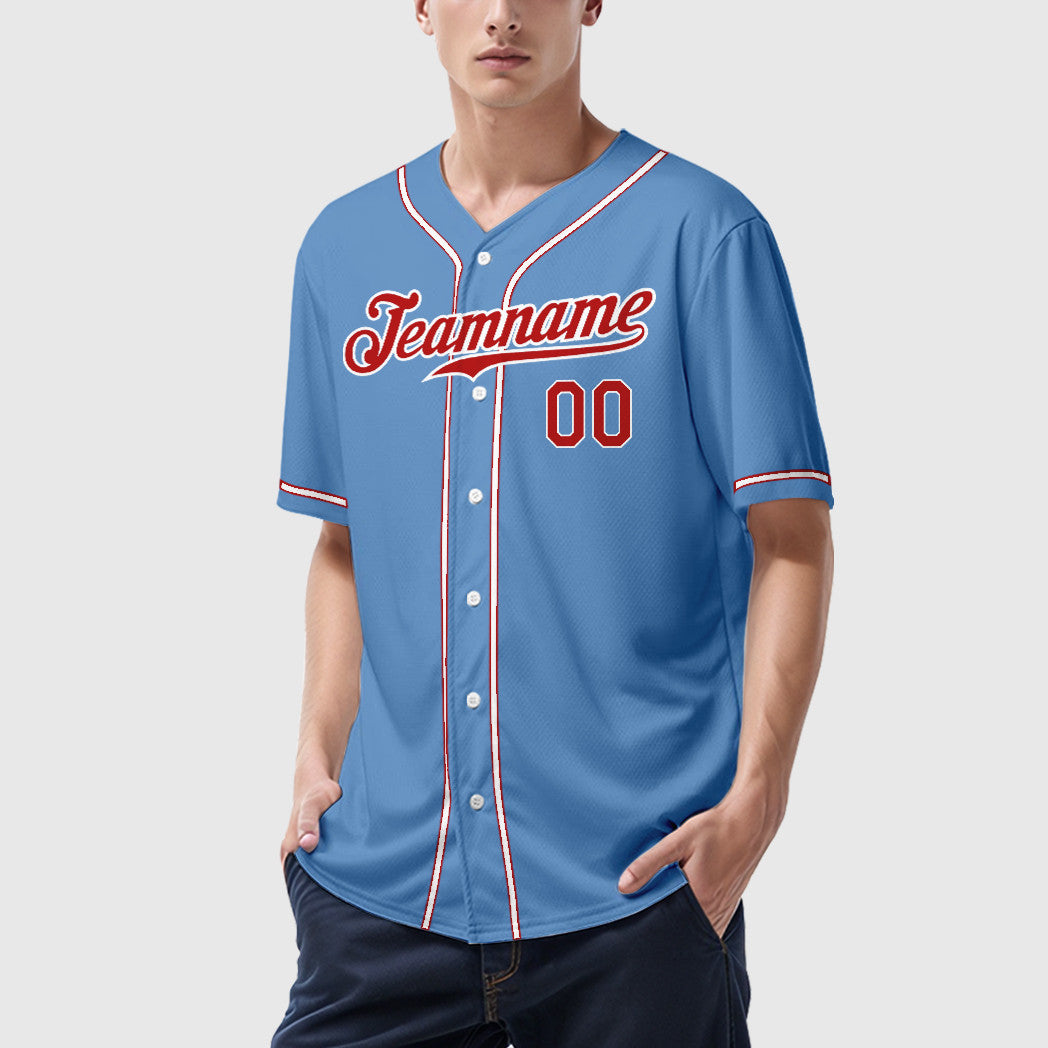 Custom Light Blue White Red Sleeve Baseball Jersey