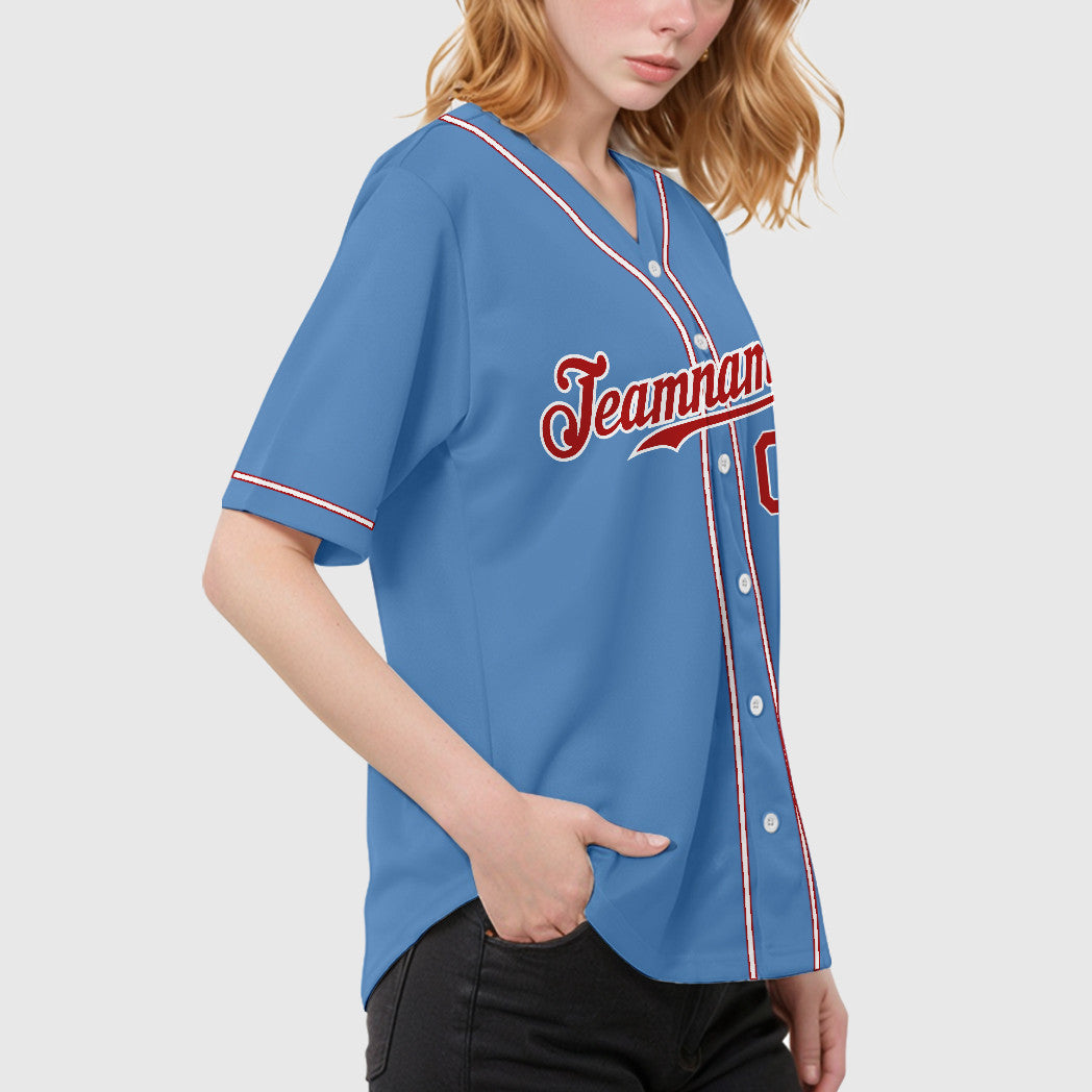 Custom Light Blue White Red Sleeve Baseball Jersey