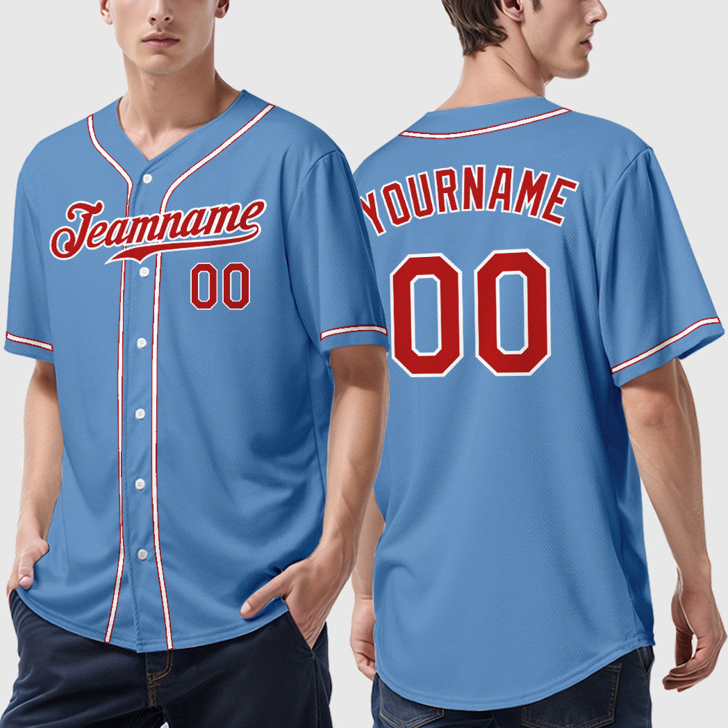 Custom Light Blue White Red Sleeve Baseball Jersey