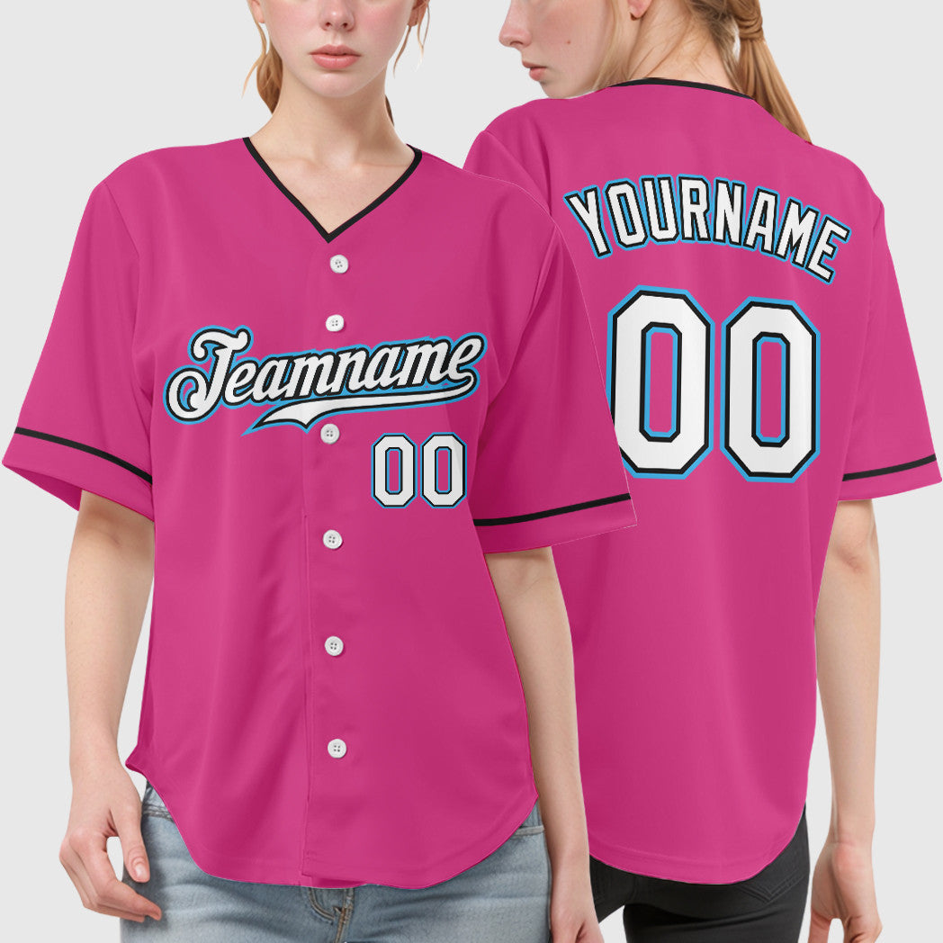 Custom Pink White Sky Blue Collar Sleeve Baseball Jersey