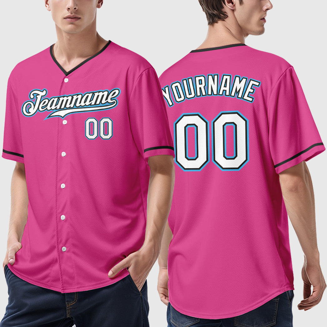 Custom Pink White Sky Blue Collar Sleeve Baseball Jersey