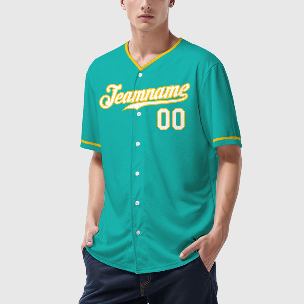 Custom Aqua White White-Yellow Collar Sleeve Baseball Jersey