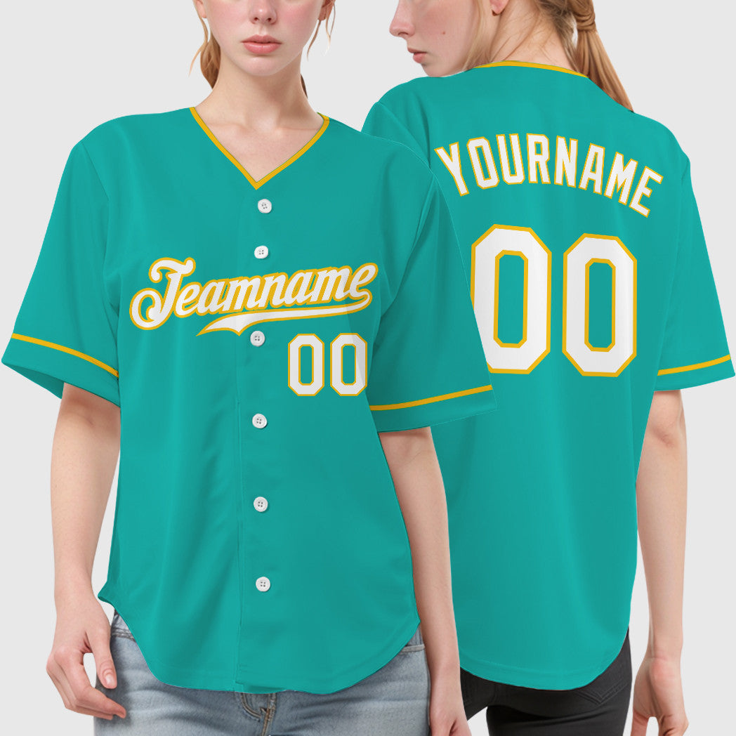 Custom Aqua White White-Yellow Collar Sleeve Baseball Jersey