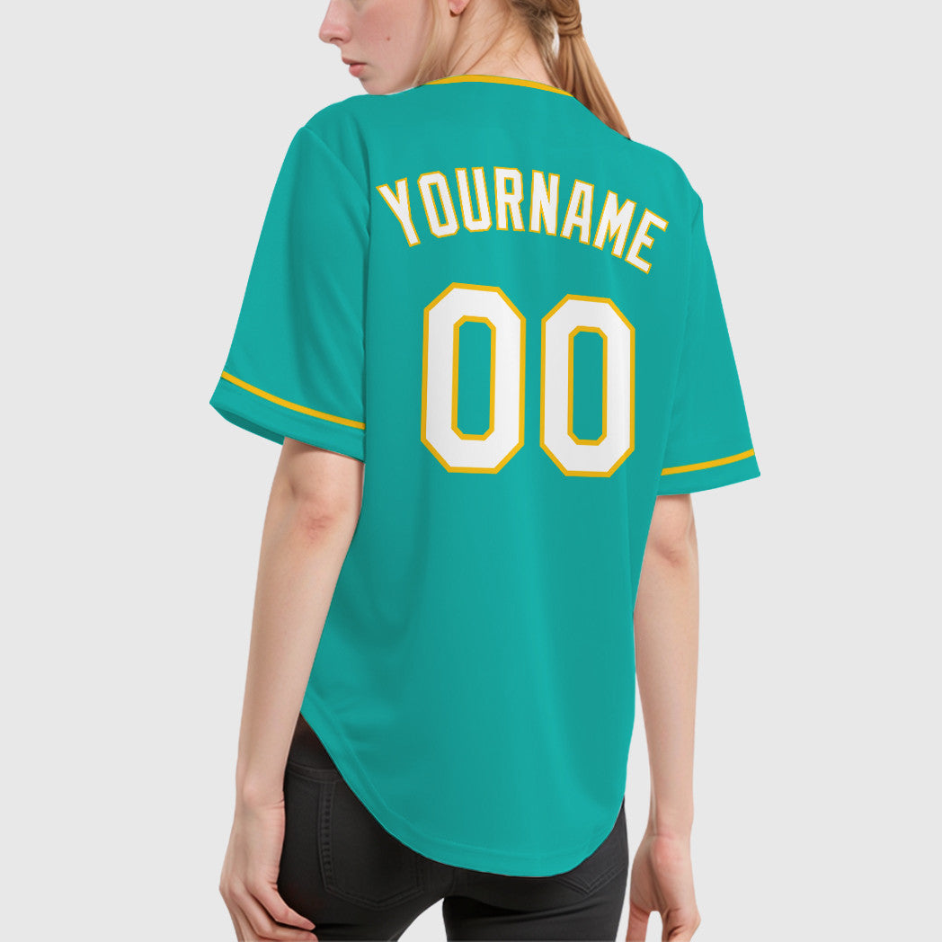 Custom Aqua White White-Yellow Collar Sleeve Baseball Jersey