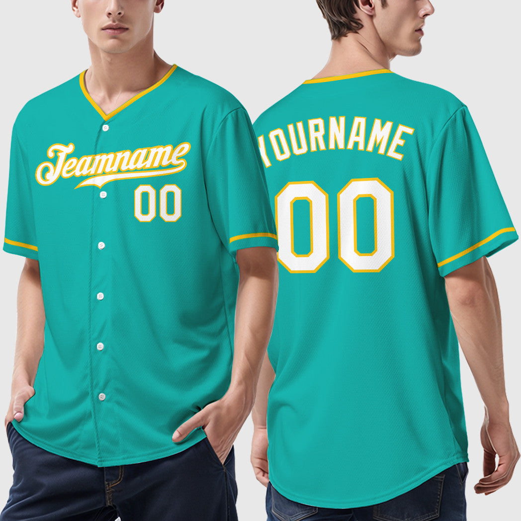 Custom Aqua White White-Yellow Collar Sleeve Baseball Jersey