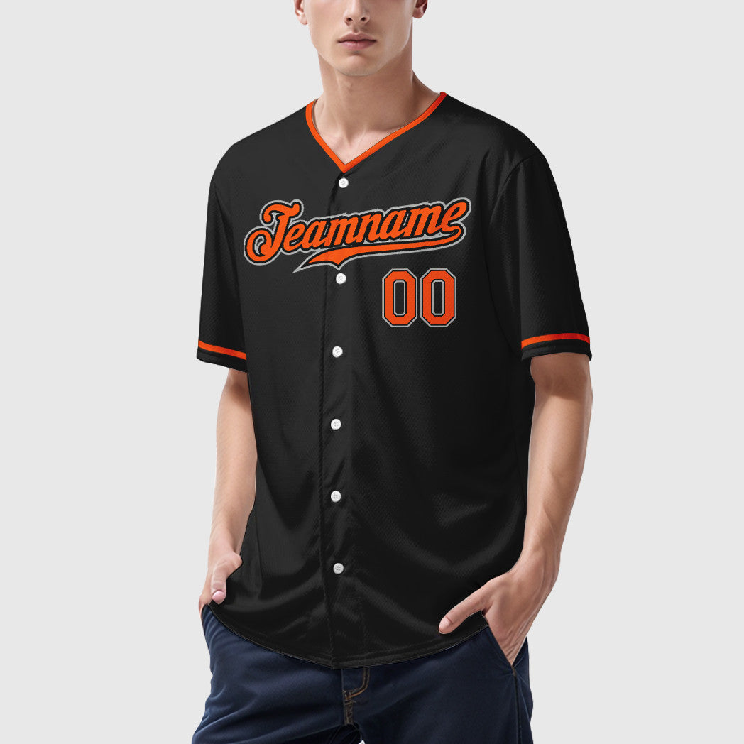 Custom Black Gray Orange Collar Sleeve Baseball Jersey