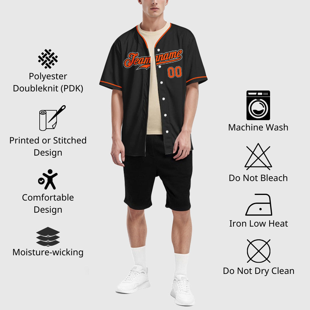 Custom Black Gray Orange Collar Sleeve Baseball Jersey