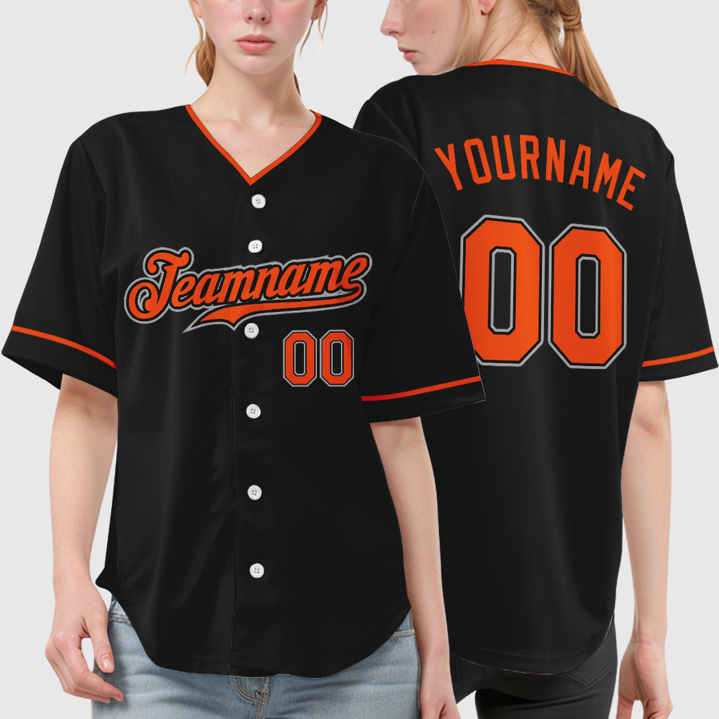 Custom Black Gray Orange Collar Sleeve Baseball Jersey