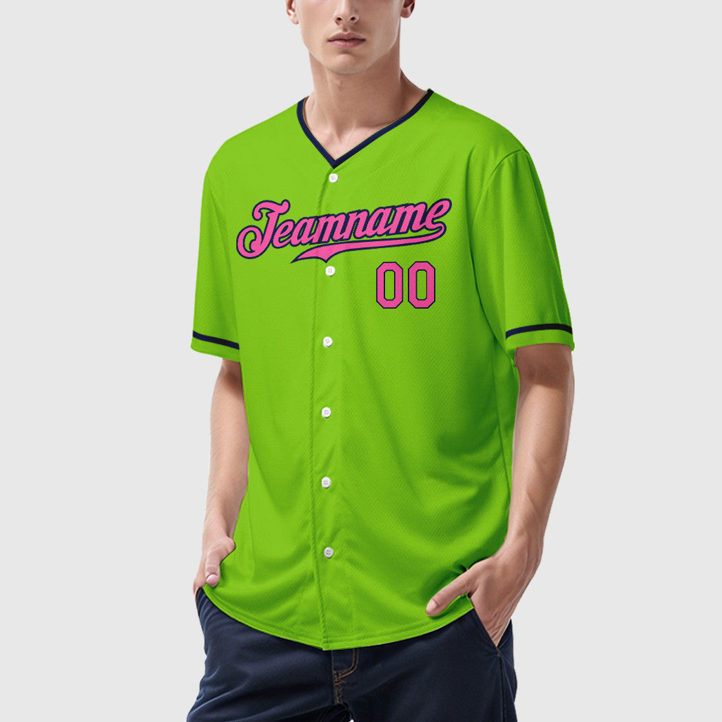 Custom Neon Green Navy Pink Collar Sleeve Baseball Jersey