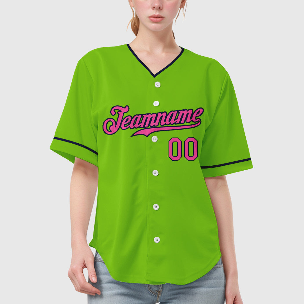 Custom Neon Green Navy Pink Collar Sleeve Baseball Jersey