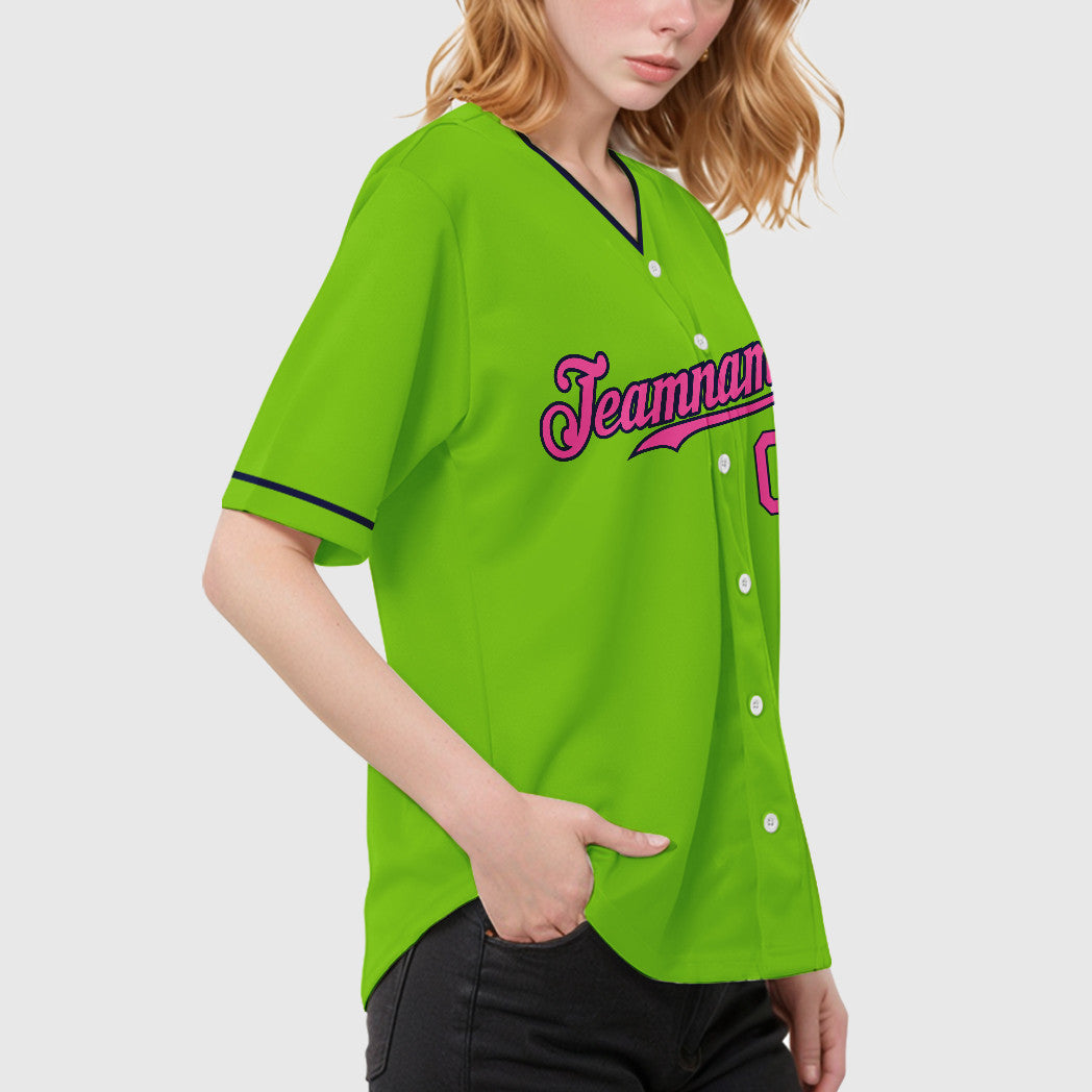Custom Neon Green Navy Pink Collar Sleeve Baseball Jersey