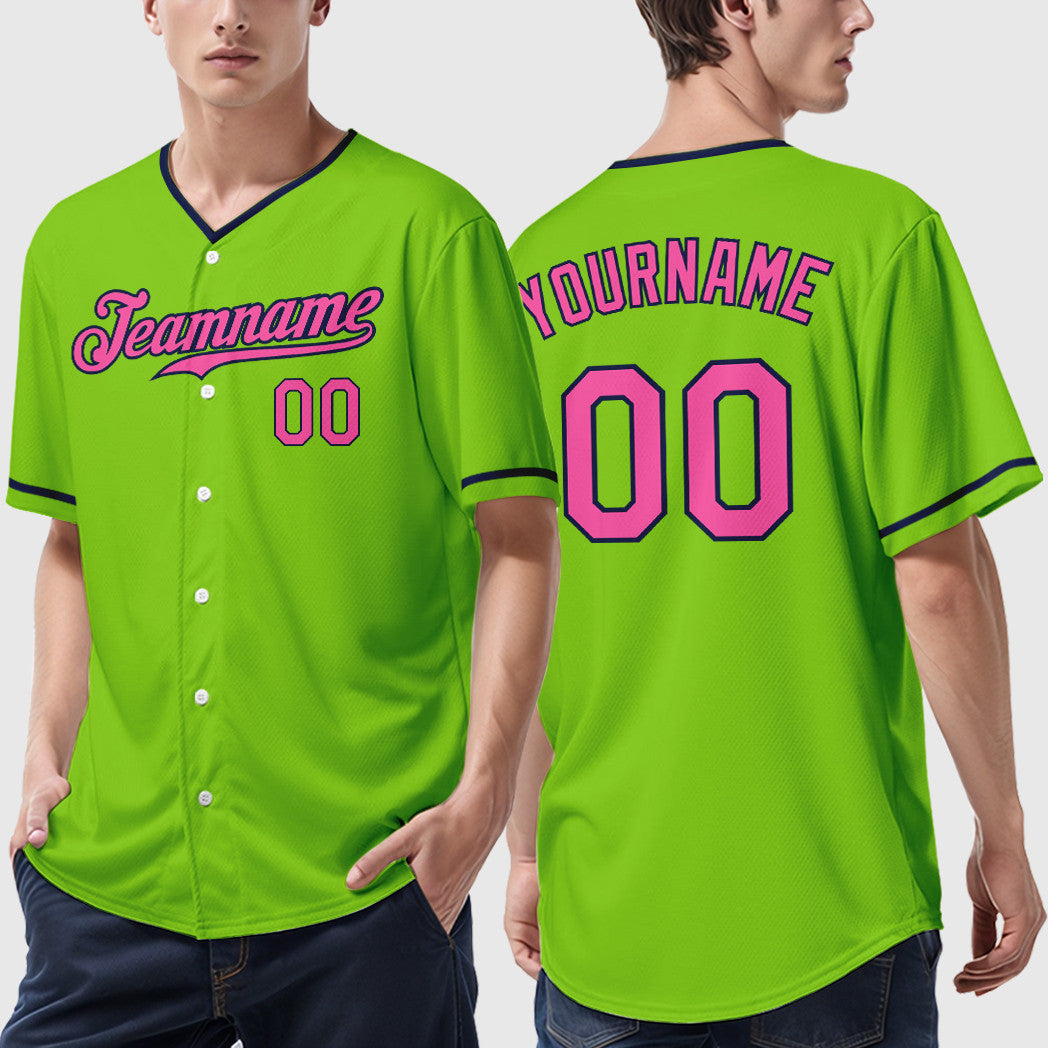 Custom Neon Green Navy Pink Collar Sleeve Baseball Jersey