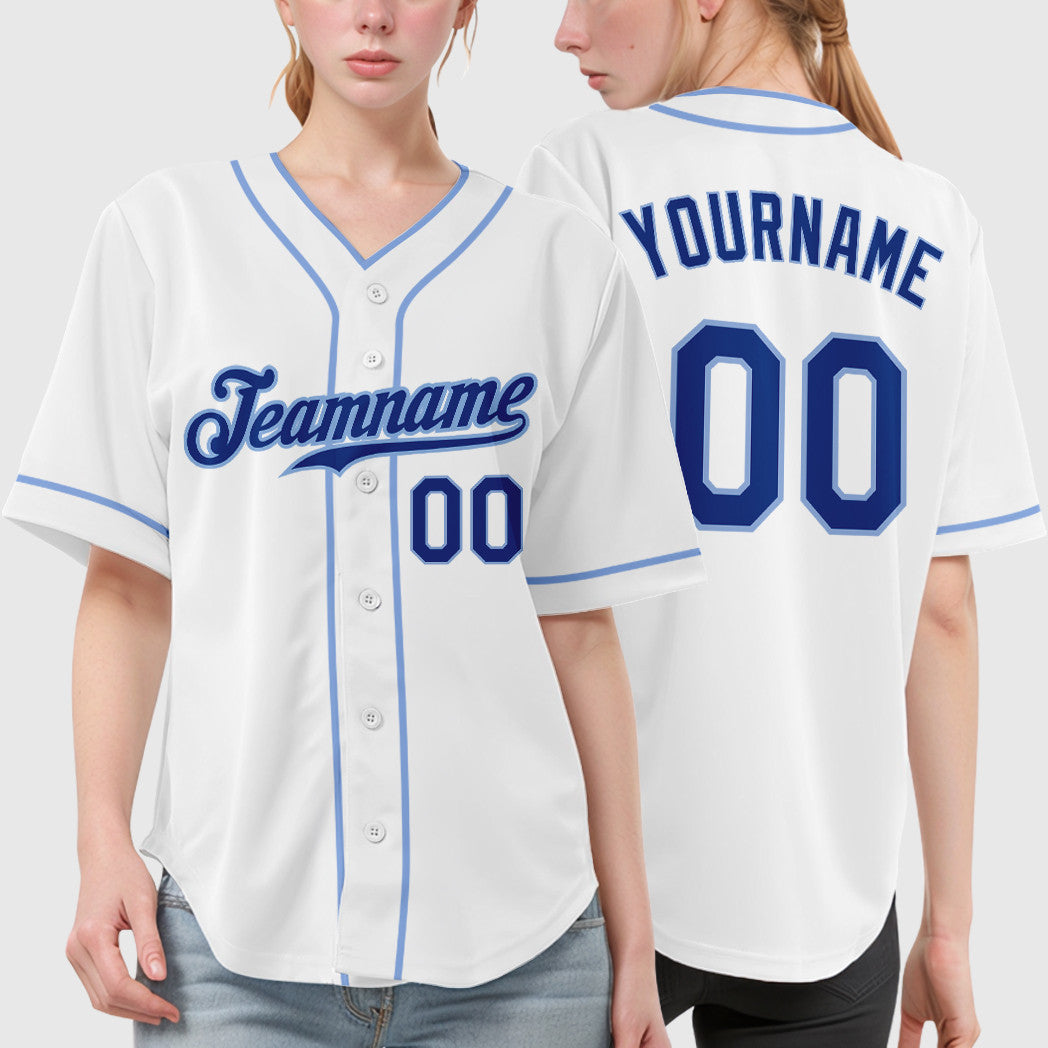 Custom White Royal Royal-Light Blue Piping Baseball Jersey