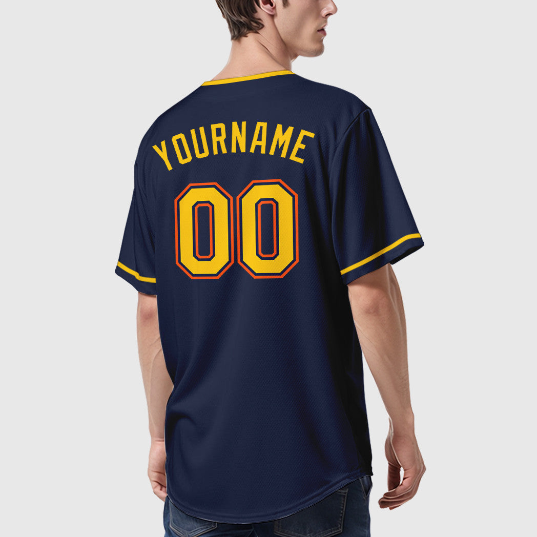 Custom Navy White Gold-Orange Collar Sleeve Baseball Jersey