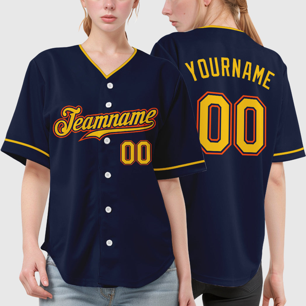 Custom Navy White Gold-Orange Collar Sleeve Baseball Jersey