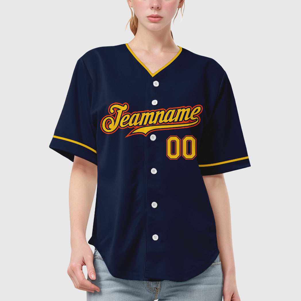 Custom Navy White Gold-Orange Collar Sleeve Baseball Jersey