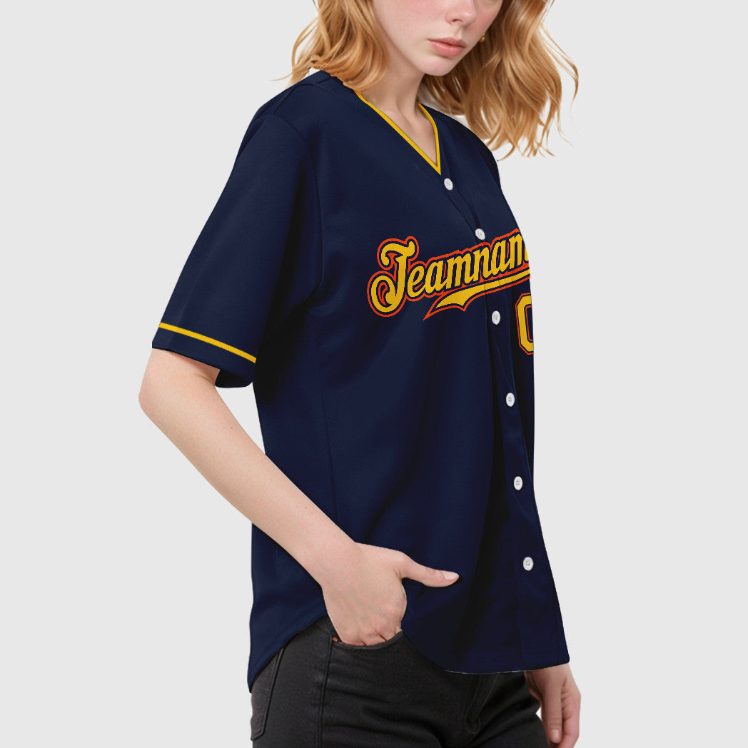 Custom Navy White Gold-Orange Collar Sleeve Baseball Jersey