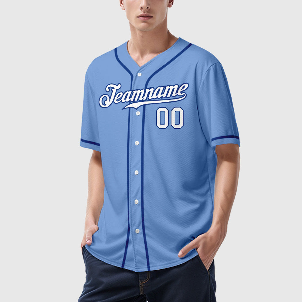 Custom Powder Blue White Royal Sleeve Baseball Jersey