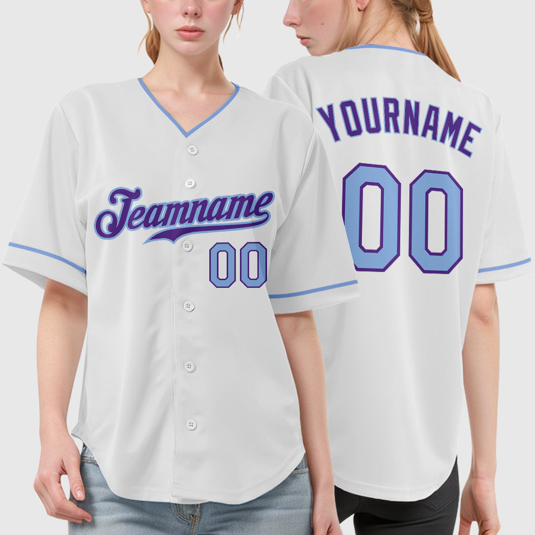 Custom White Purple Light Blue Collar Sleeve Baseball Jersey