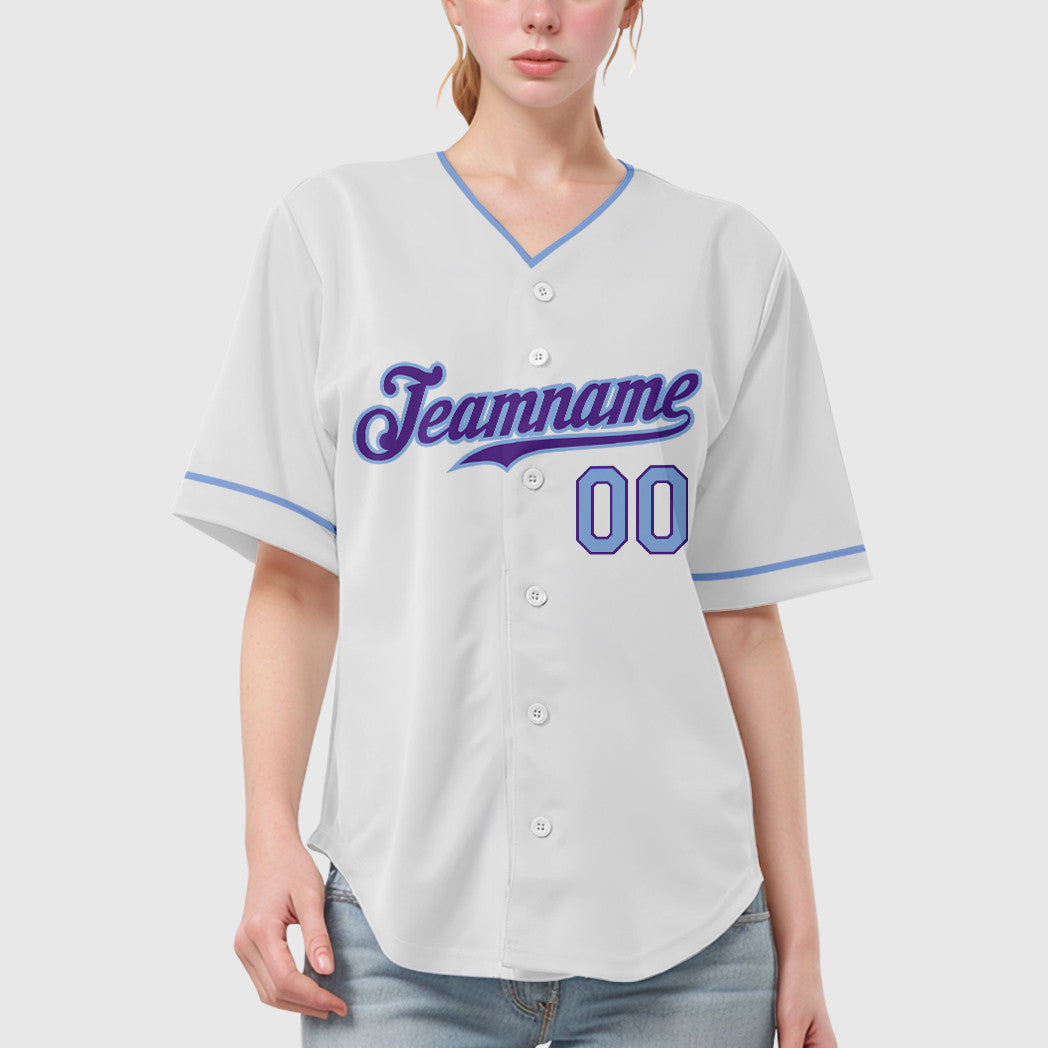 Custom White Purple Light Blue Collar Sleeve Baseball Jersey