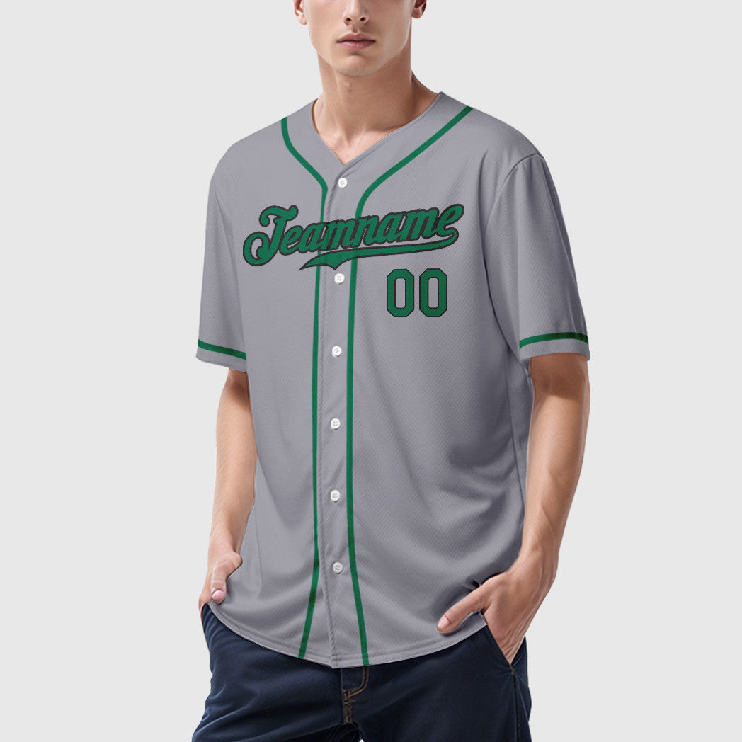 Custom Gray Black Kelly Green Sleeve Baseball Jersey