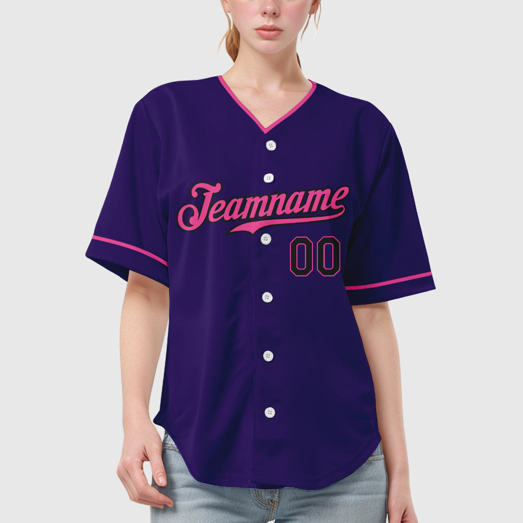 Custom Purple Black Pink Collar Sleeve Baseball Jersey