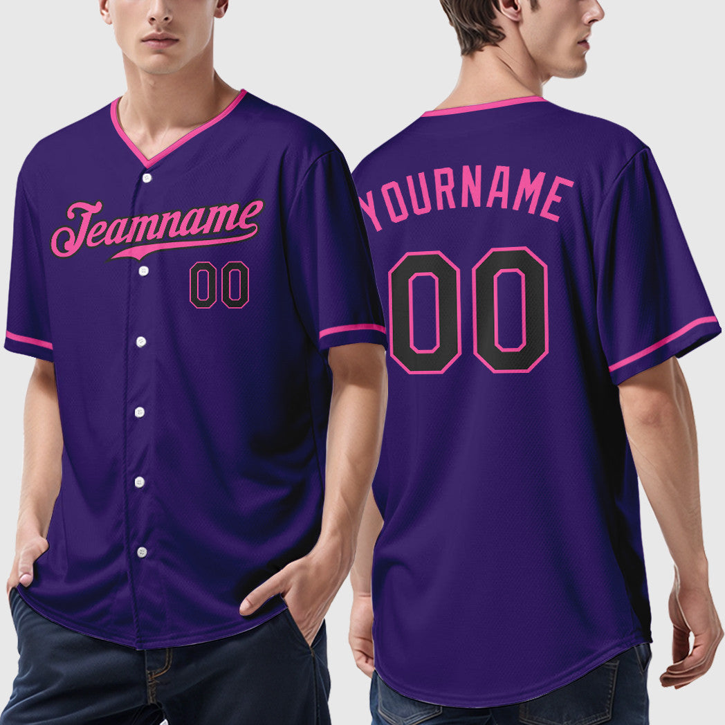 Custom Purple Black Pink Collar Sleeve Baseball Jersey