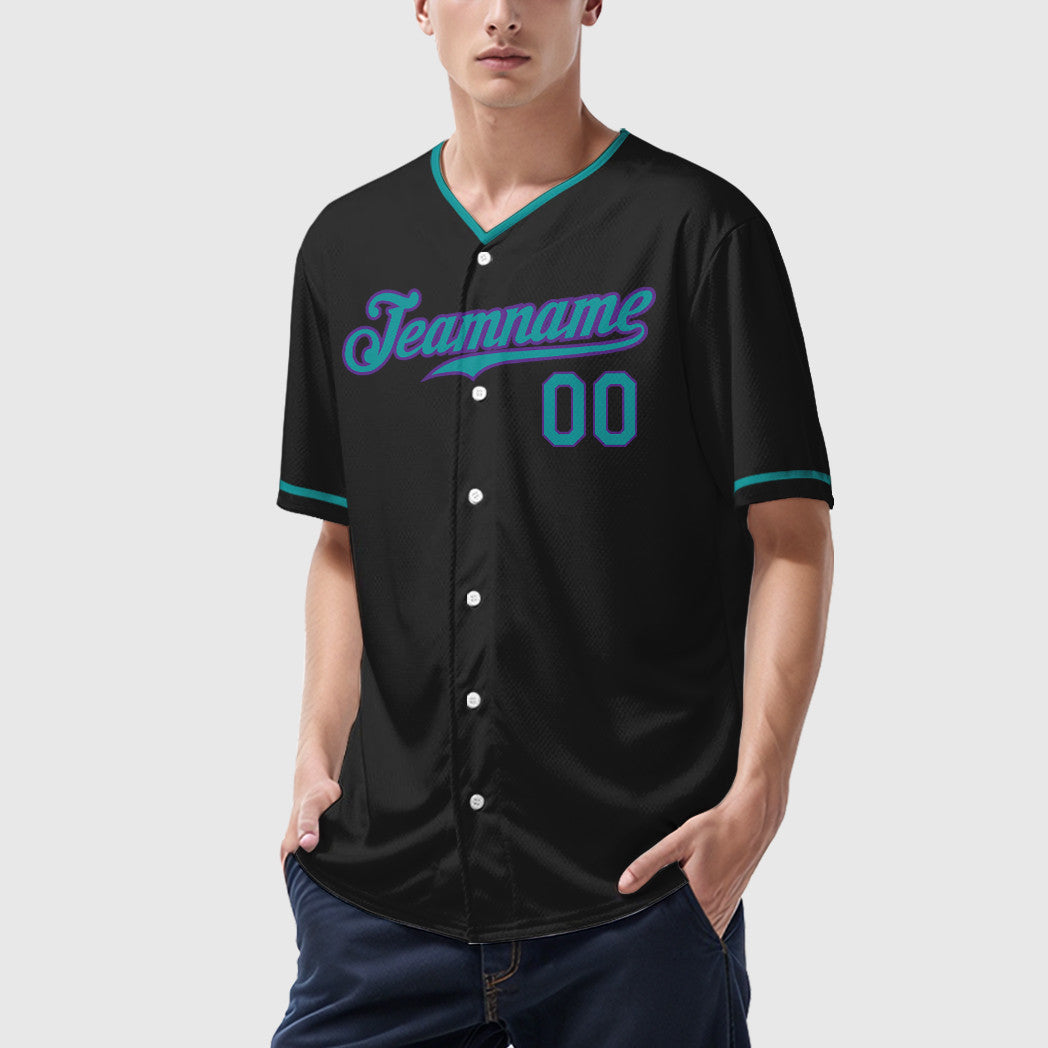 Custom Black White Teal-Purple Collar Sleeve Baseball Jersey