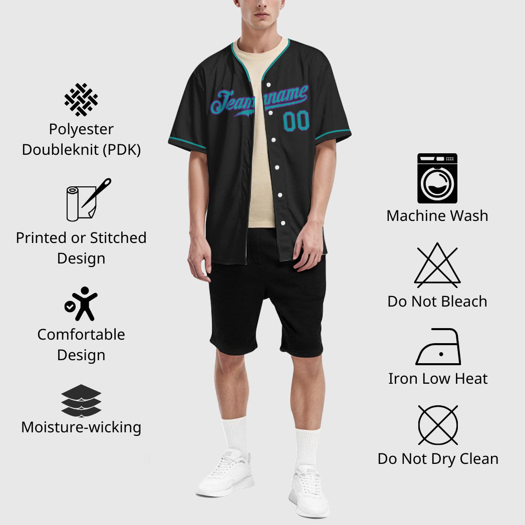 Custom Black White Teal-Purple Collar Sleeve Baseball Jersey
