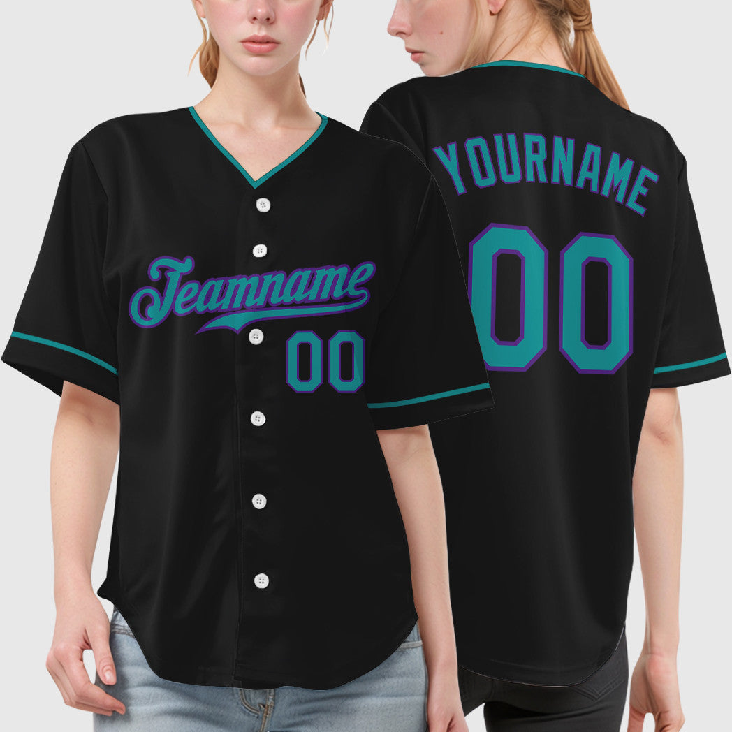 Custom Black White Teal-Purple Collar Sleeve Baseball Jersey