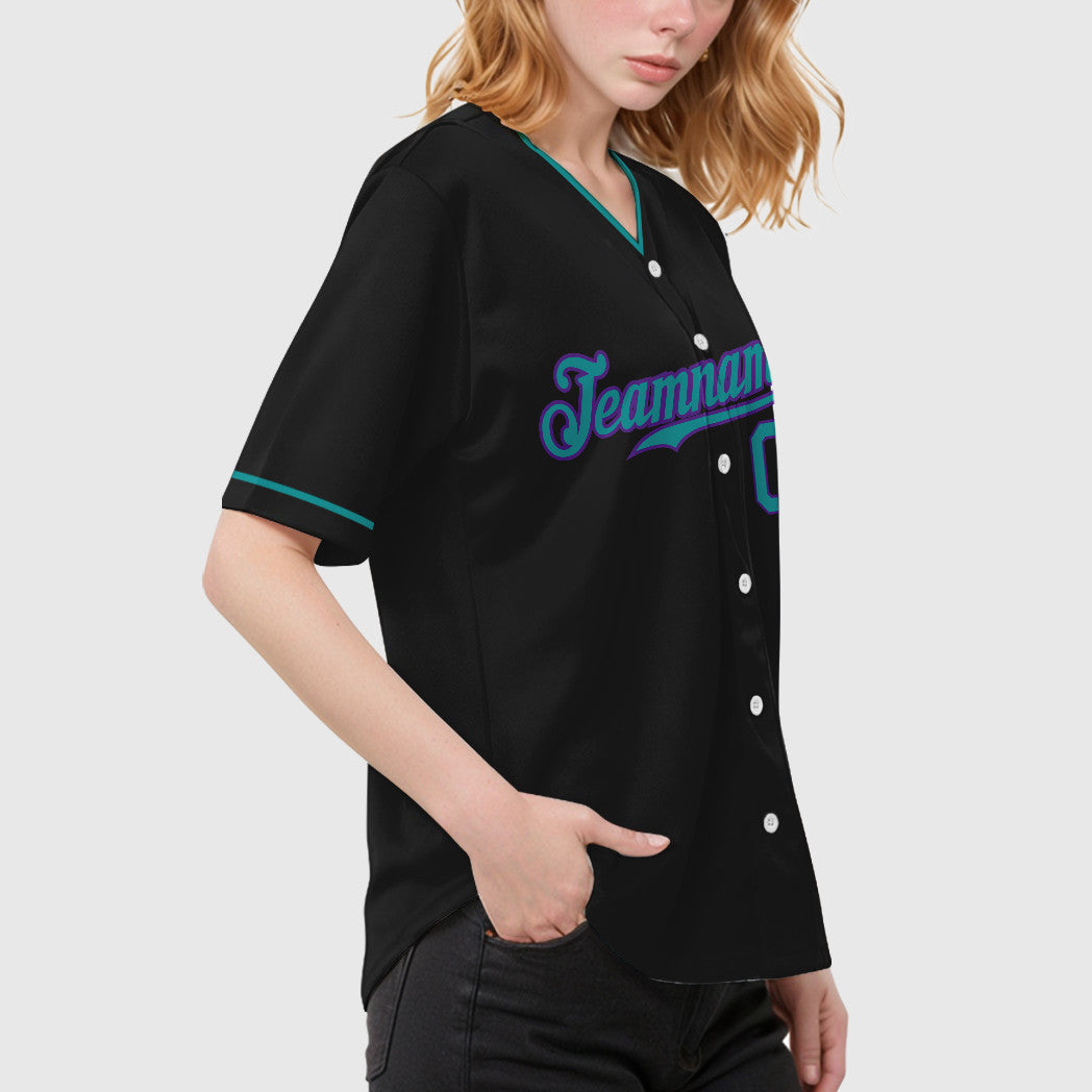 Custom Black White Teal-Purple Collar Sleeve Baseball Jersey