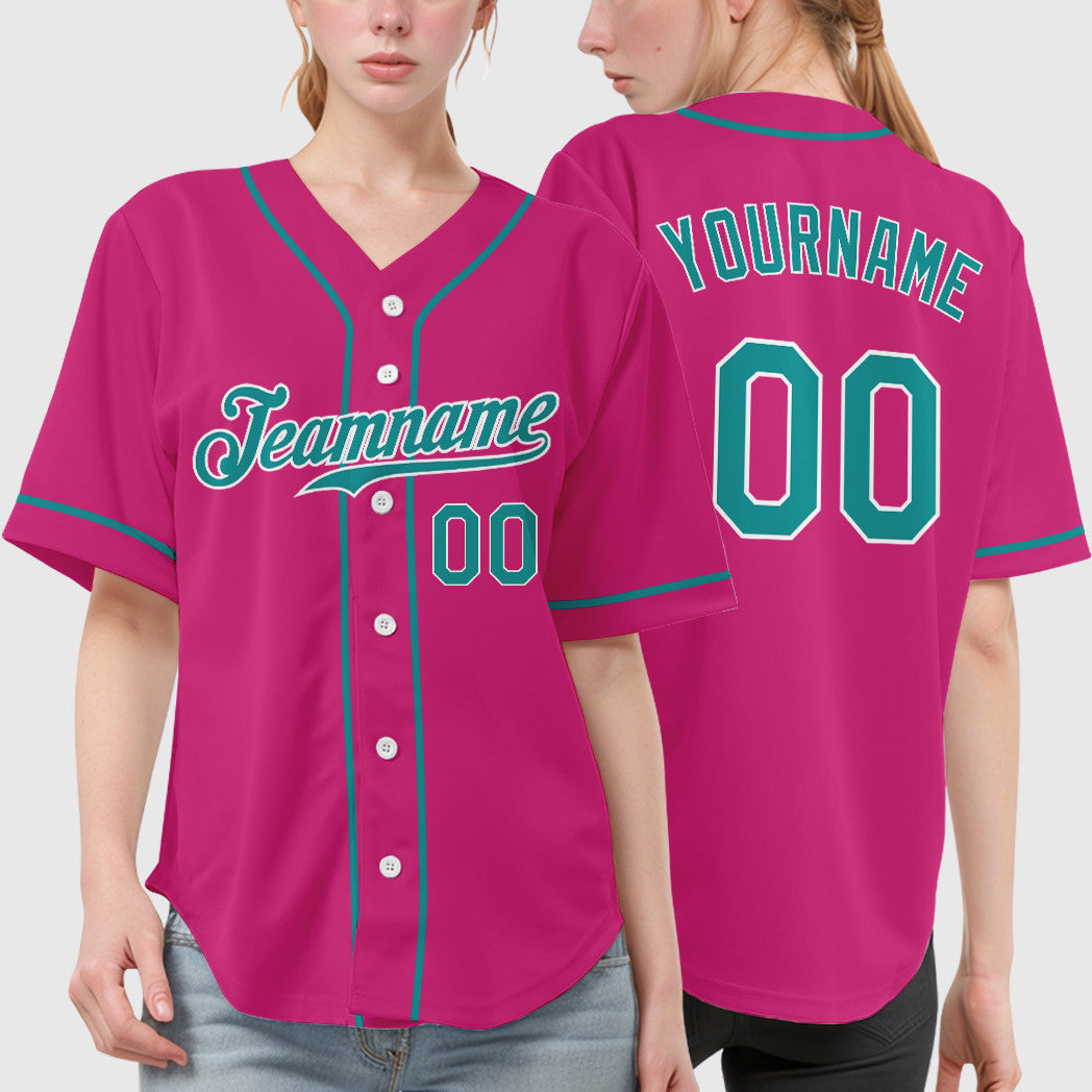Custom Pink White Teal Sleeve Baseball Jersey