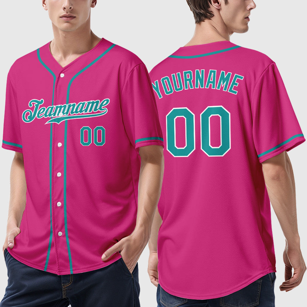 Custom Pink White Teal Sleeve Baseball Jersey