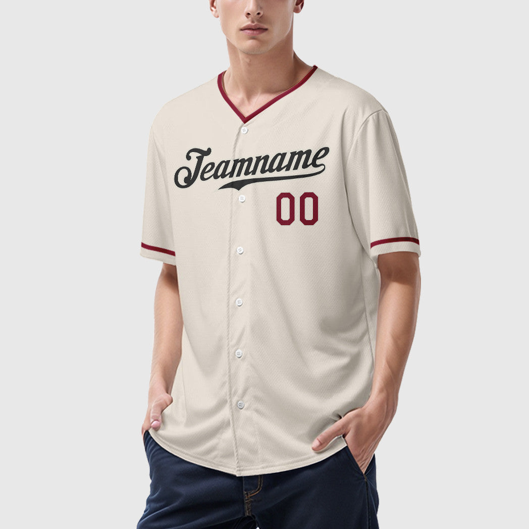 Custom Cream Black Crimson Collar Sleeve Baseball Jersey