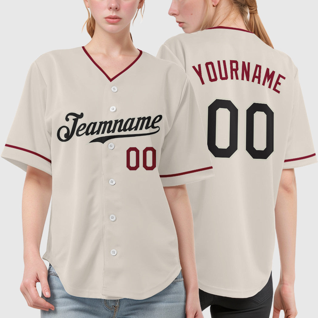 Custom Cream Black Crimson Collar Sleeve Baseball Jersey