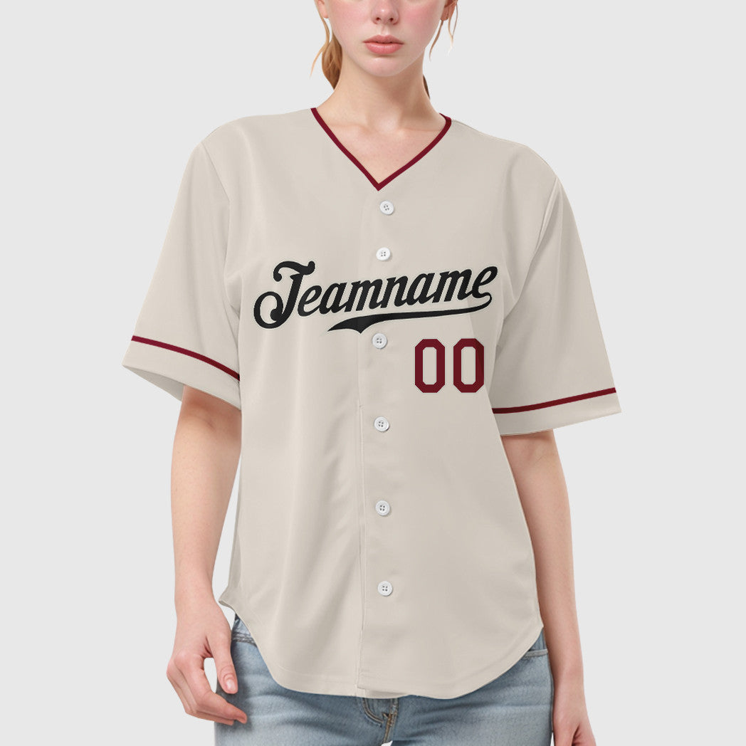 Custom Cream Black Crimson Collar Sleeve Baseball Jersey